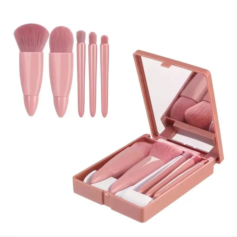 5-Piece Travel Makeup Brush Set โ Mini Cosmetic Brushes with Case & Mirror