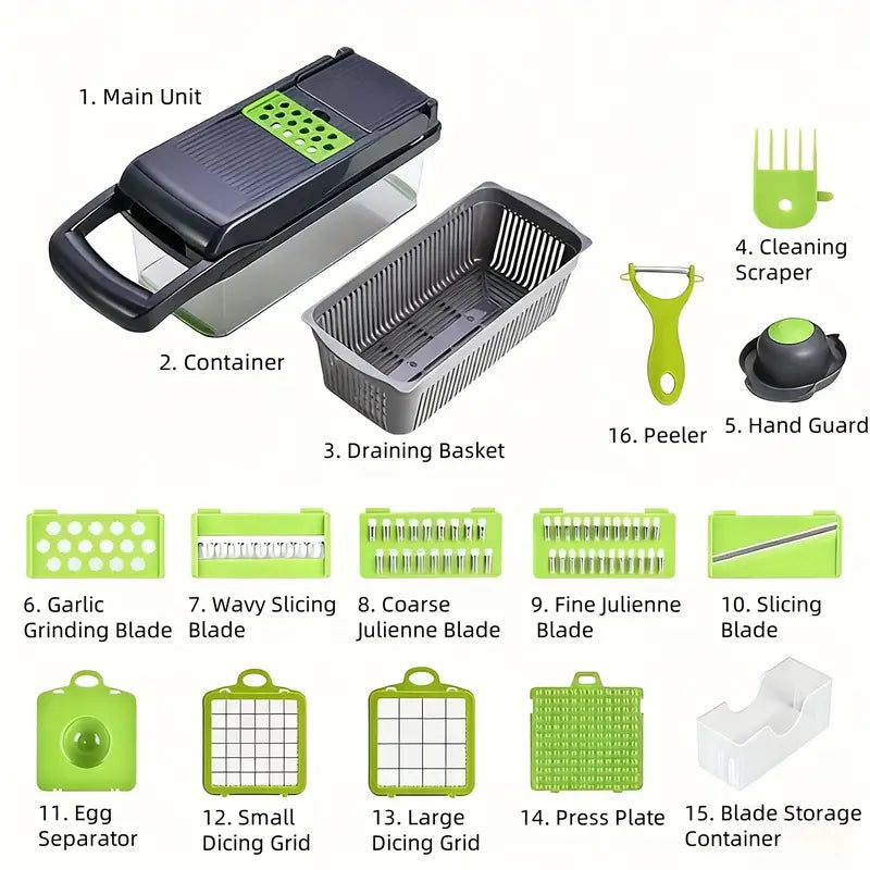 16-in-1 Heavy-Duty Vegetable Chopper Set – Multi-Functional Food Processor with Safety Lock, Storage Container & Multiple Blades - Live Easy