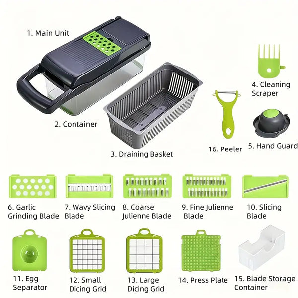 16-in-1 Heavy-Duty Vegetable Chopper Set – Multi-Functional Food Processor with Safety Lock, Storage Container & Multiple Blades - Live Easy