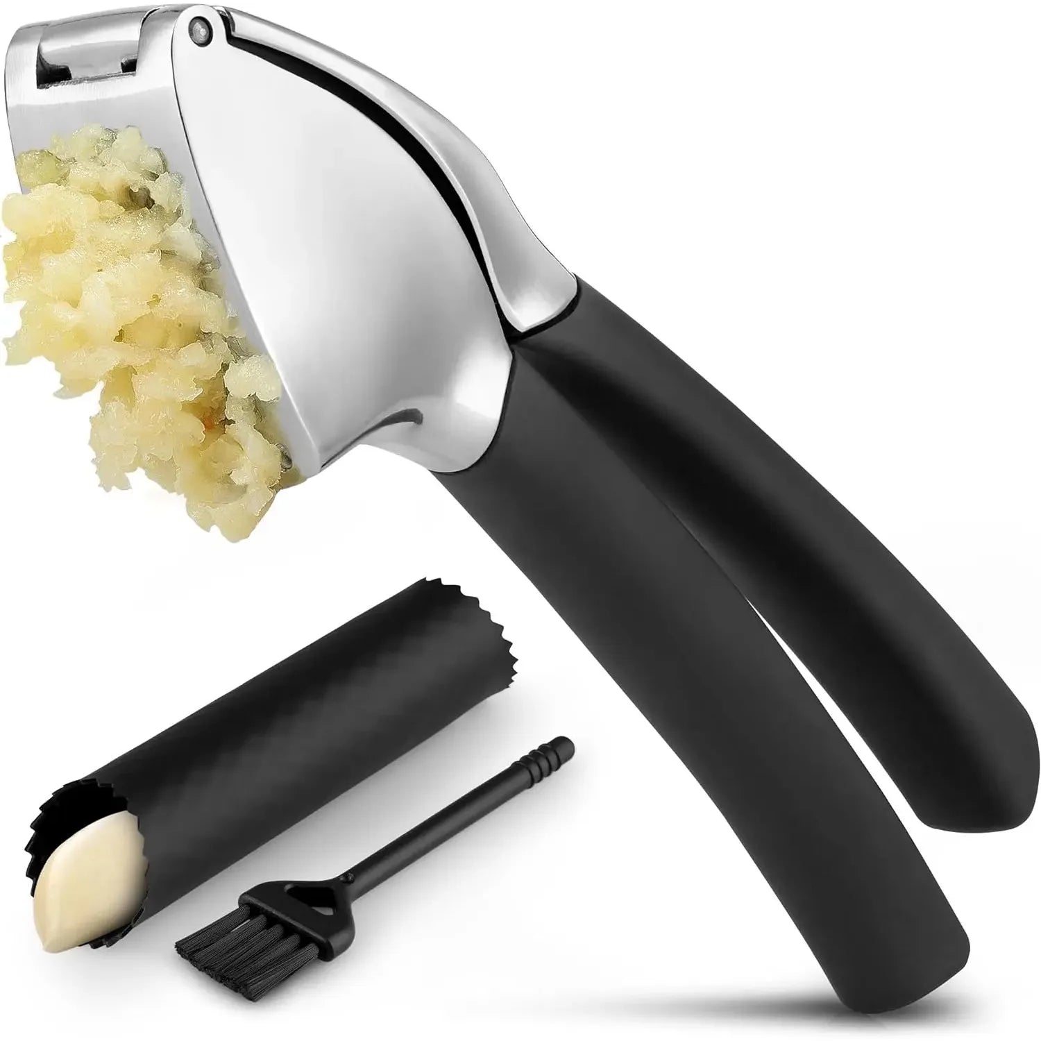 Stainless Steel Garlic Press Set – Rust-Proof Garlic Mincer with Peeler & Brush