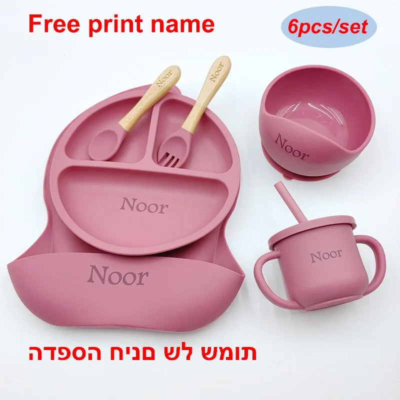 Personalized 6PCS Silicone Divided Meal Set – Free Name Printing | BPA-Free Baby Feeding Set with Bowl, Spoon, Fork, Cup & Plate | Gift for Boys & Girls - Live Easy