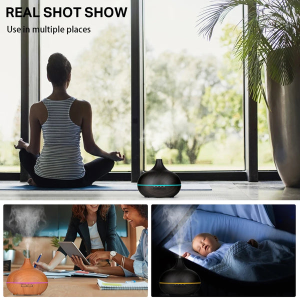 Wood Grain Ultrasonic Aromatherapy Diffuser – Essential Oil Humidifier with Remote, LED Lights & Timer