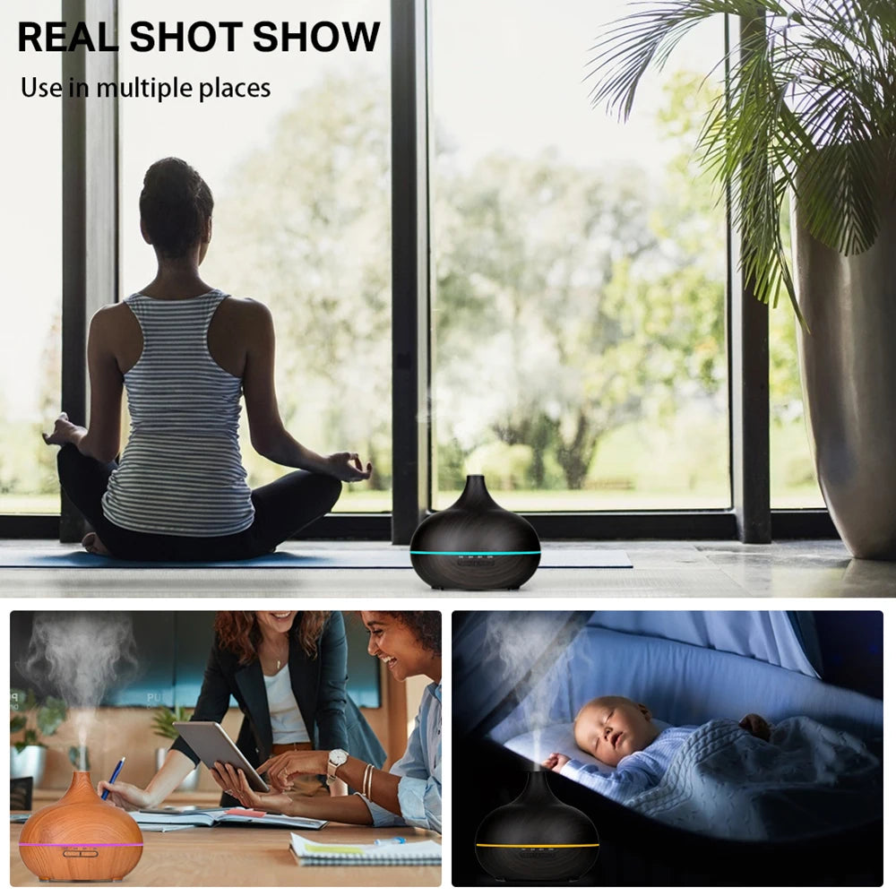Wood Grain Ultrasonic Aromatherapy Diffuser – Essential Oil Humidifier with Remote, LED Lights & Timer