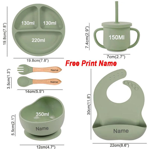 Personalized 6PCS Silicone Divided Meal Set – Free Name Printing | BPA-Free Baby Feeding Set with Bowl, Spoon, Fork, Cup & Plate | Gift for Boys & Girls - Live Easy