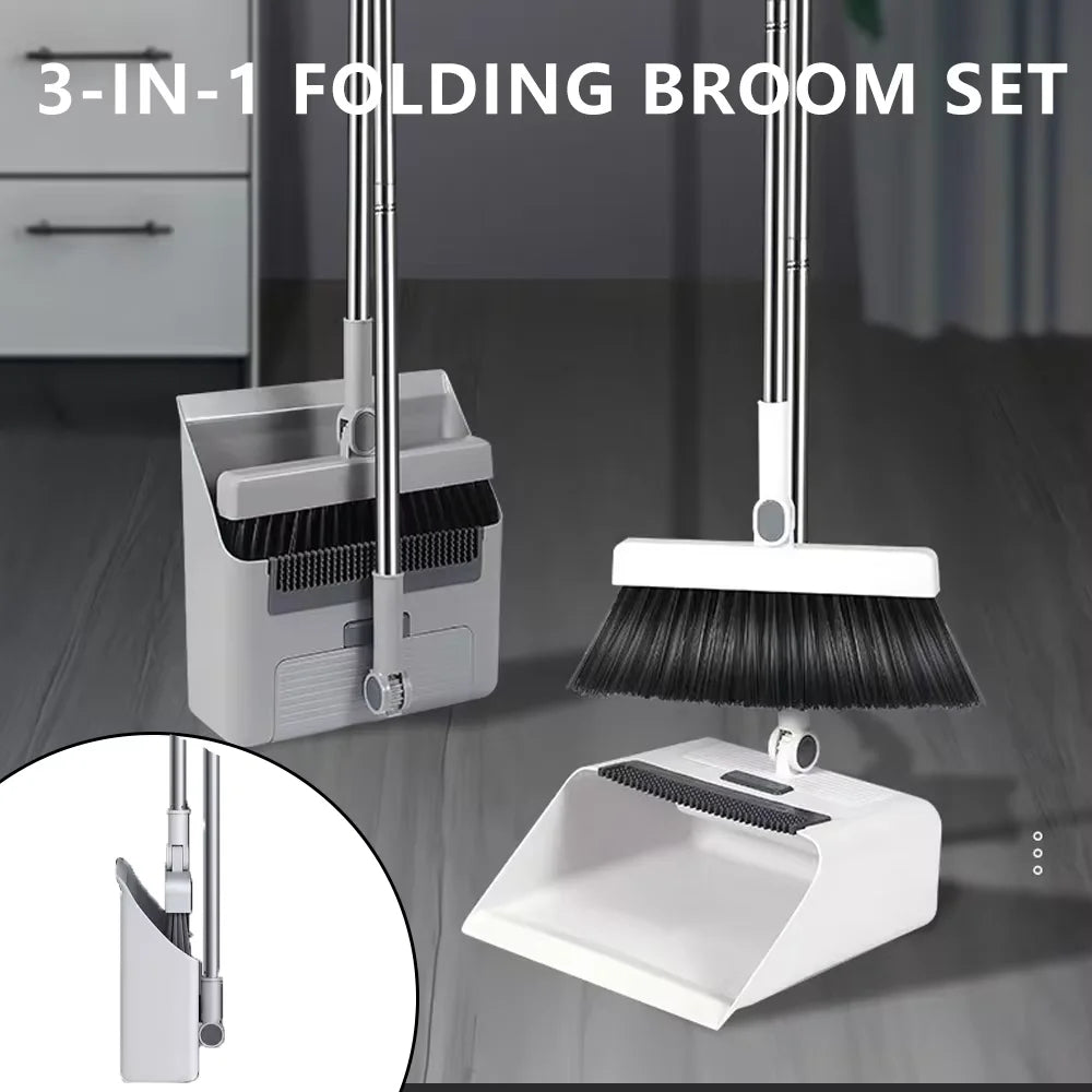 3-in-1 Broom Combo Set – Foldable Floor Brush, Dustpan & Squeegee | Multifunctional Non-Stick Hair Broom