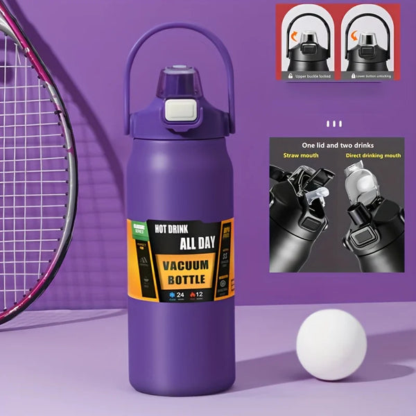 Stainless Steel Vacuum Water Bottle – 1.2L/1.5L Thermos with Straw & Direct Drink Lid for Hot & Cold Drinks