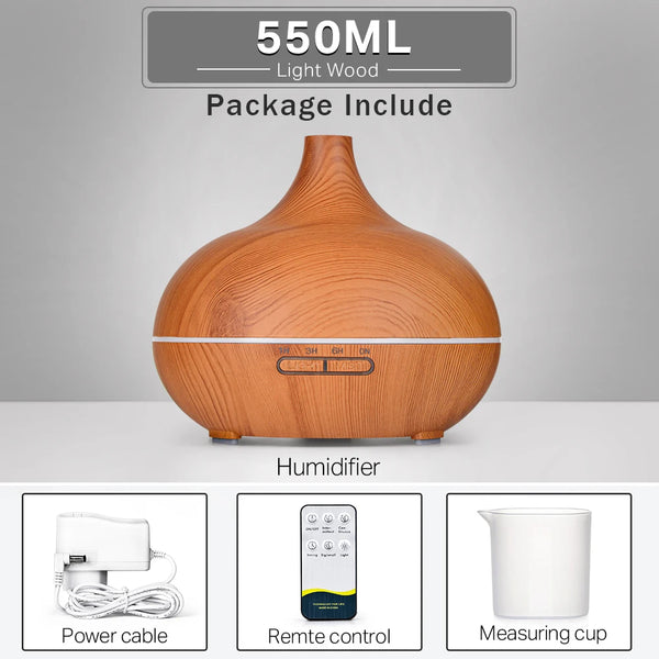 Wood Grain Ultrasonic Aromatherapy Diffuser – Essential Oil Humidifier with Remote, LED Lights & Timer