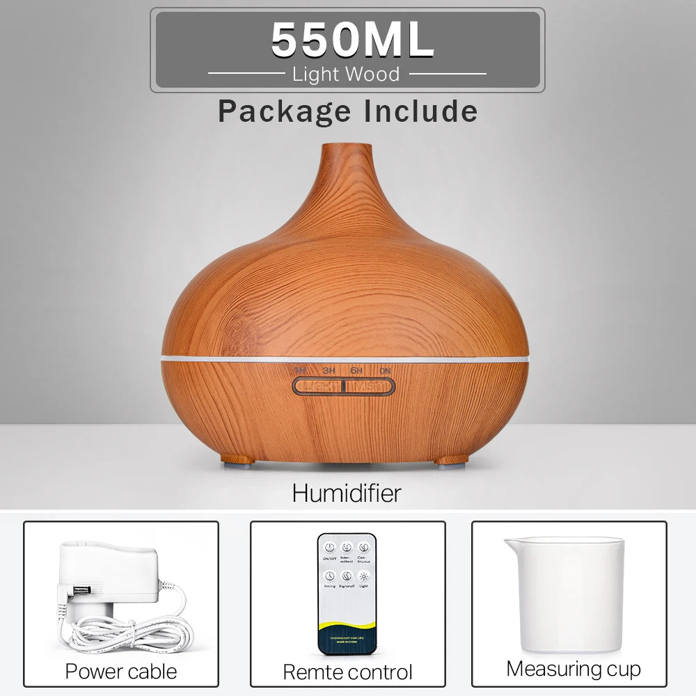 Wood Grain Ultrasonic Aromatherapy Diffuser – Essential Oil Humidifier with Remote, LED Lights & Timer