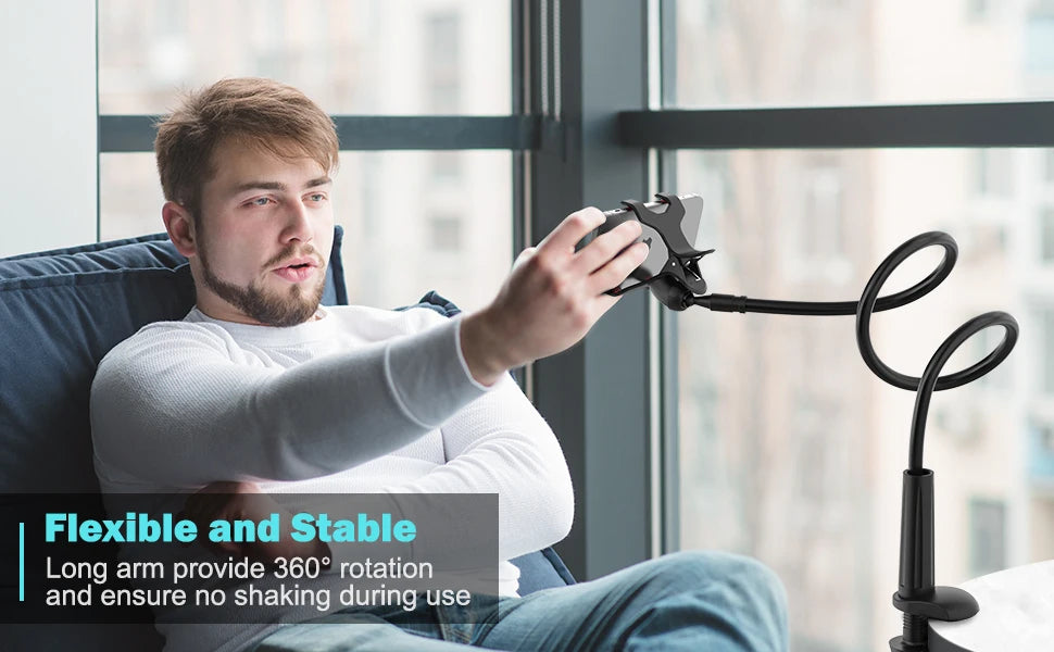 Flexible Long Arm Gooseneck Phone Holder – Adjustable Bedside & Desktop Clamp Mount for Video Calls, Streaming & Live Recording