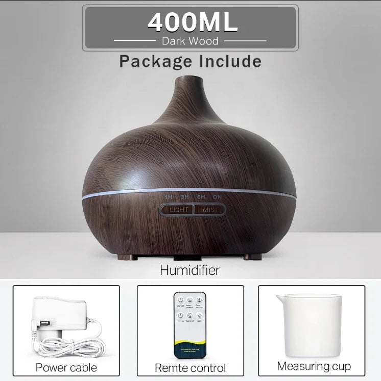 Wood Grain Ultrasonic Aromatherapy Diffuser – Essential Oil Humidifier with Remote, LED Lights & Timer