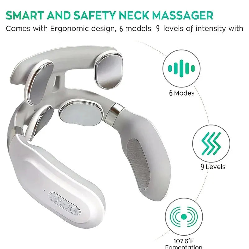 Smart Neck Massager – 4-Head Heating & Vibration Device with 6 Modes & 9 Levels