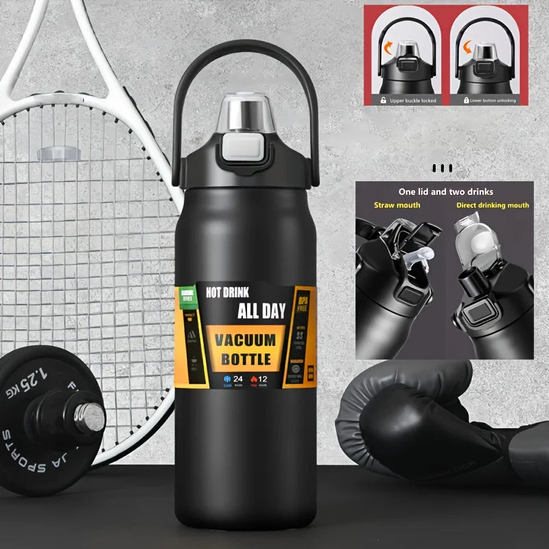 Stainless Steel Vacuum Water Bottle – 1.2L/1.5L Thermos with Straw & Direct Drink Lid for Hot & Cold Drinks