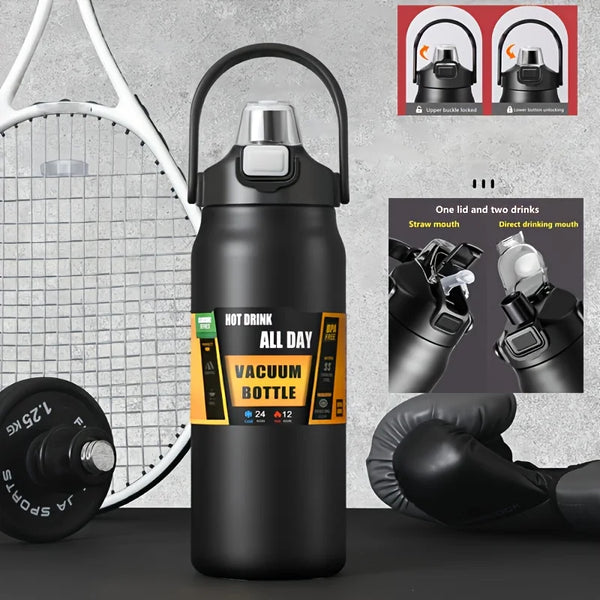 Stainless Steel Vacuum Water Bottle – 1.2L/1.5L Thermos with Straw & Direct Drink Lid for Hot & Cold Drinks