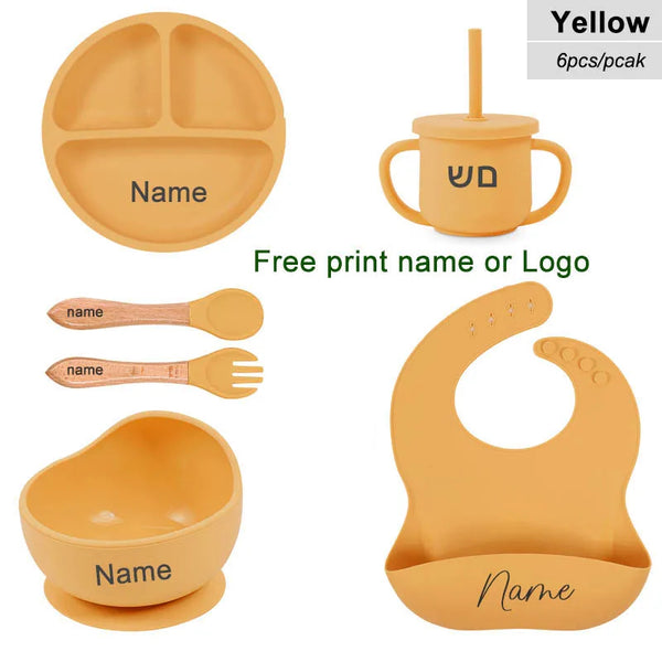 Personalized 6PCS Silicone Divided Meal Set – Free Name Printing | BPA-Free Baby Feeding Set with Bowl, Spoon, Fork, Cup & Plate | Gift for Boys & Girls - Live Easy