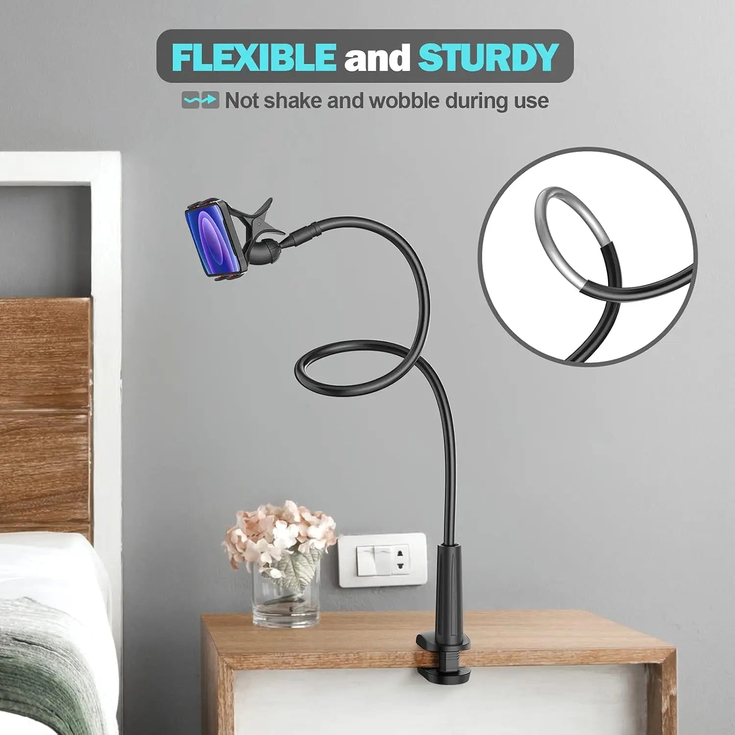 Flexible Long Arm Gooseneck Phone Holder – Adjustable Bedside & Desktop Clamp Mount for Video Calls, Streaming & Live Recording