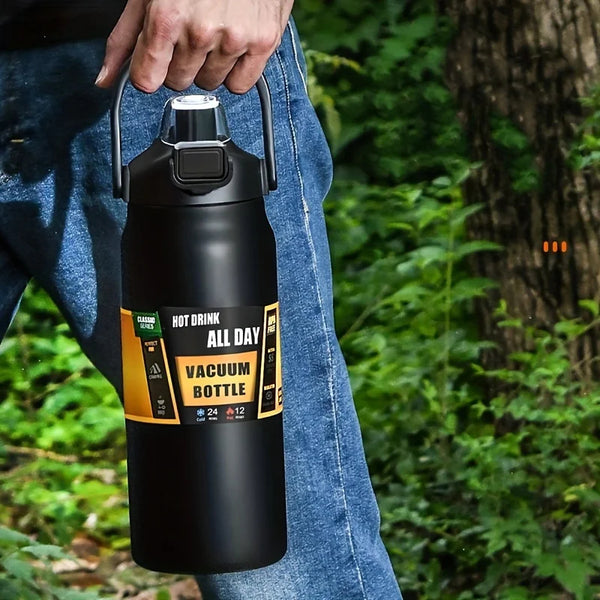 Stainless Steel Vacuum Water Bottle – 1.2L/1.5L Thermos with Straw & Direct Drink Lid for Hot & Cold Drinks