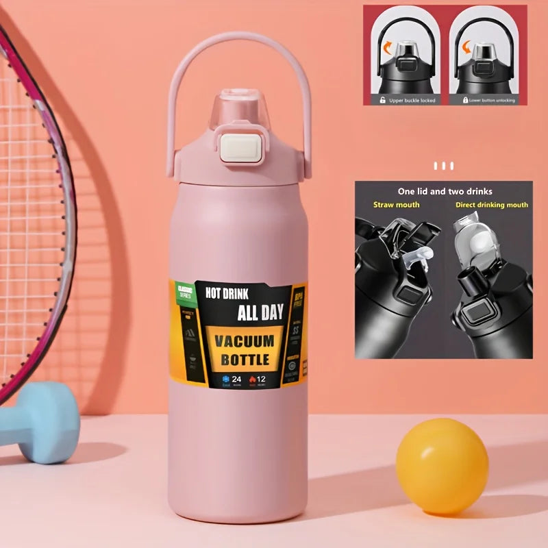 Stainless Steel Vacuum Water Bottle – 1.2L/1.5L Thermos with Straw & Direct Drink Lid for Hot & Cold Drinks