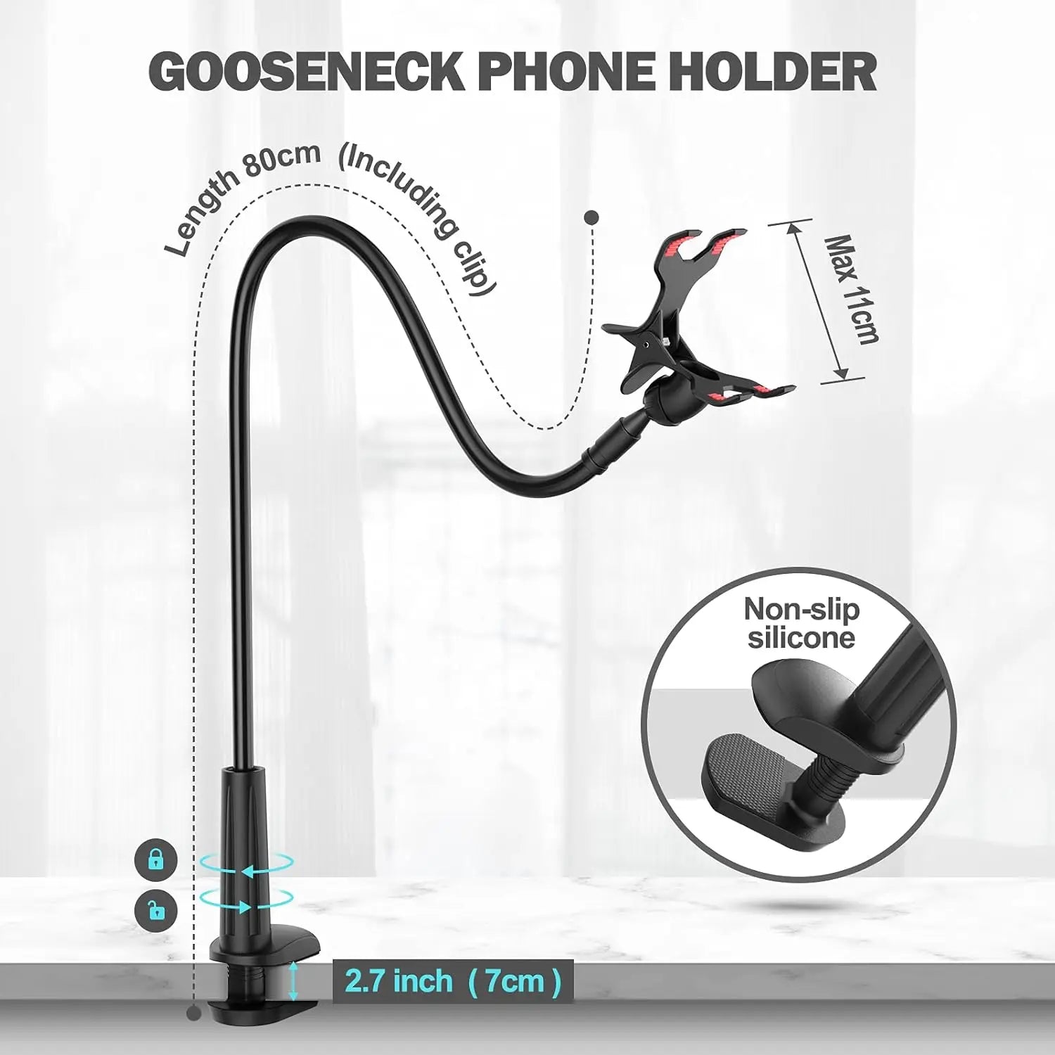 Flexible Long Arm Gooseneck Phone Holder – Adjustable Bedside & Desktop Clamp Mount for Video Calls, Streaming & Live Recording
