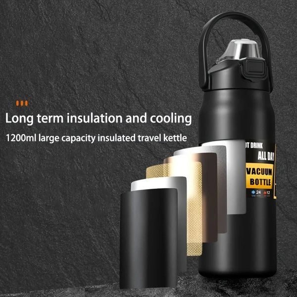 Stainless Steel Vacuum Water Bottle – 1.2L/1.5L Thermos with Straw & Direct Drink Lid for Hot & Cold Drinks