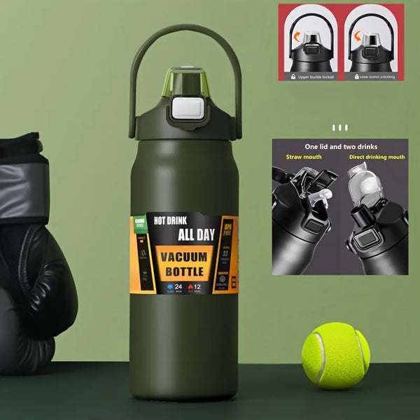 Stainless Steel Vacuum Water Bottle – 1.2L/1.5L Thermos with Straw & Direct Drink Lid for Hot & Cold Drinks