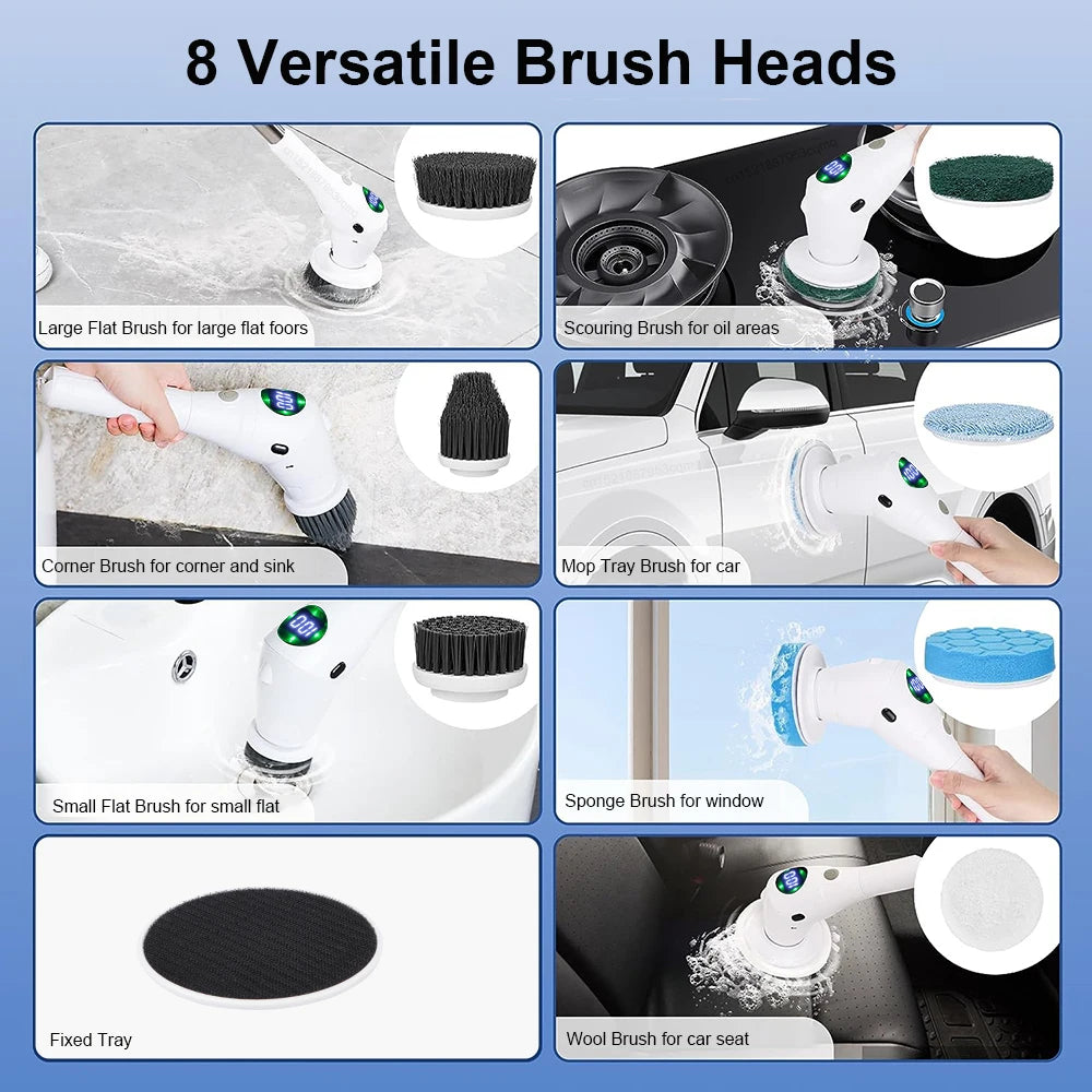 Electric Cleaning Brush 8-in-1 – Rechargeable Cordless Rotating Scrubber with Adjustable Handle