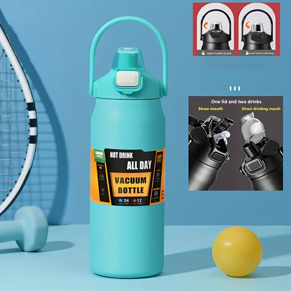 Stainless Steel Vacuum Water Bottle – 1.2L/1.5L Thermos with Straw & Direct Drink Lid for Hot & Cold Drinks