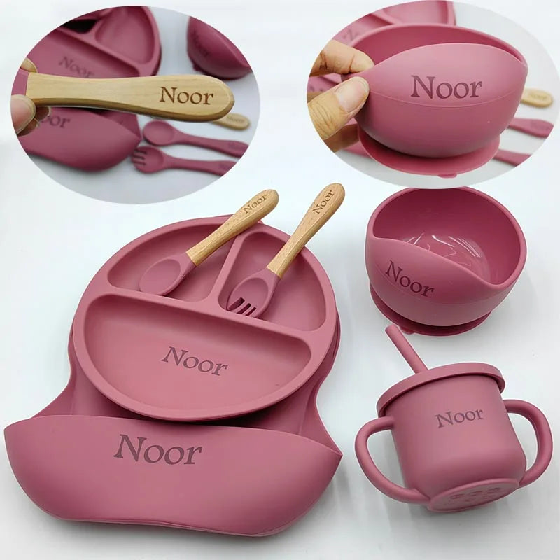 Personalized 6PCS Silicone Divided Meal Set – Free Name Printing | BPA-Free Baby Feeding Set with Bowl, Spoon, Fork, Cup & Plate | Gift for Boys & Girls - Live Easy