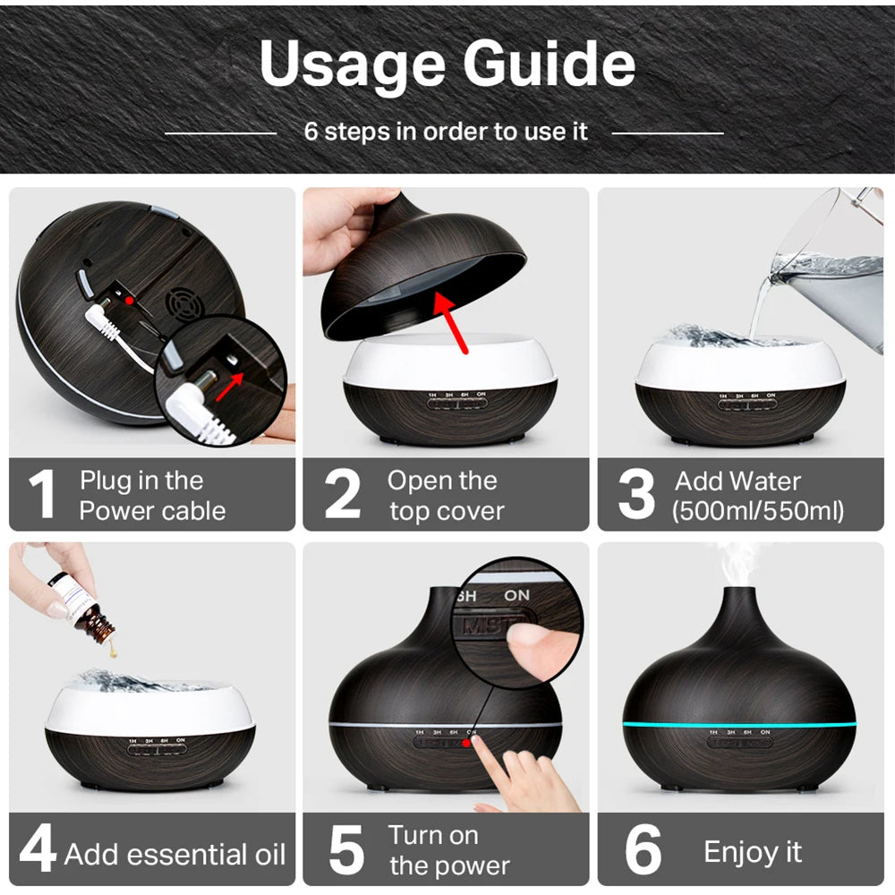 Wood Grain Ultrasonic Aromatherapy Diffuser – Essential Oil Humidifier with Remote, LED Lights & Timer