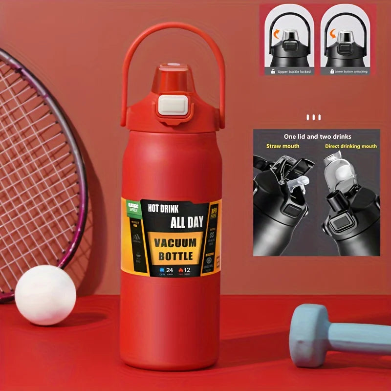 Stainless Steel Vacuum Water Bottle – 1.2L/1.5L Thermos with Straw & Direct Drink Lid for Hot & Cold Drinks