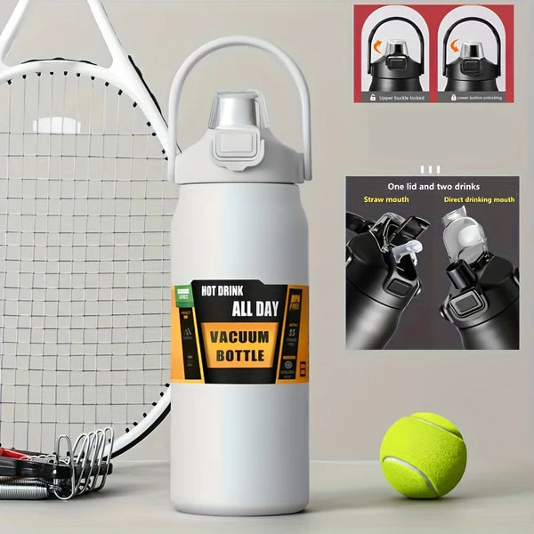 Stainless Steel Vacuum Water Bottle – 1.2L/1.5L Thermos with Straw & Direct Drink Lid for Hot & Cold Drinks