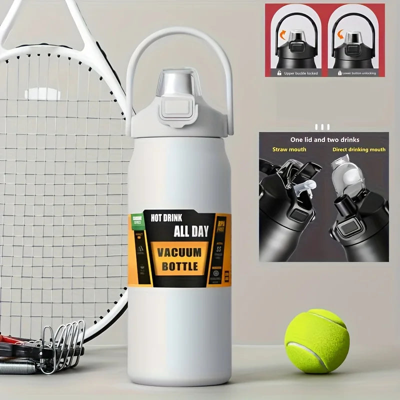 Stainless Steel Vacuum Water Bottle – 1.2L/1.5L Thermos with Straw & Direct Drink Lid for Hot & Cold Drinks