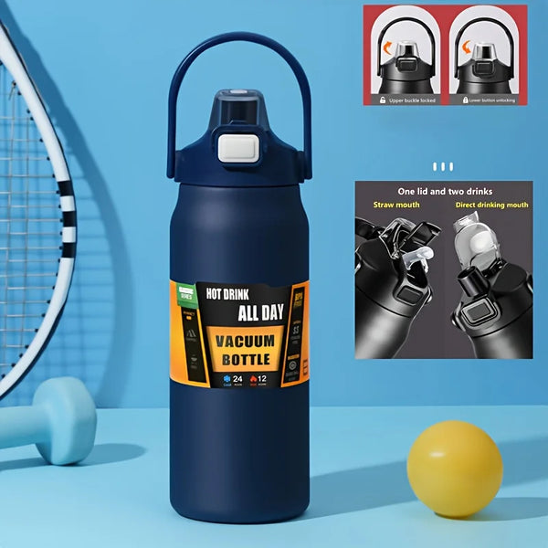 Stainless Steel Vacuum Water Bottle – 1.2L/1.5L Thermos with Straw & Direct Drink Lid for Hot & Cold Drinks