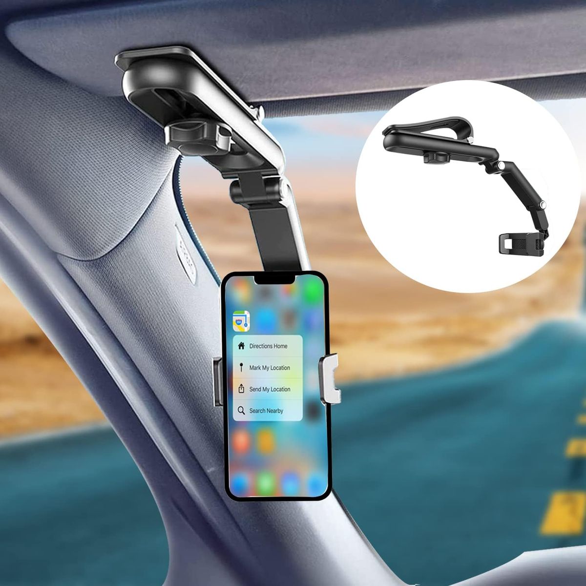 Car phone holder mounted on a car's sun visor with a smartphone displaying app icons.