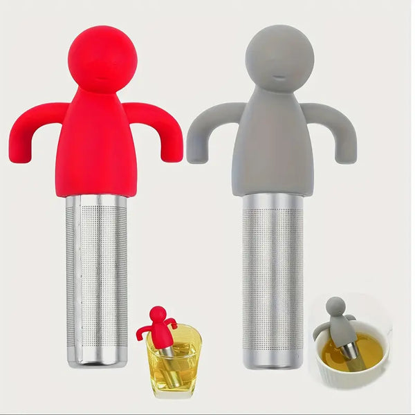 Two silicone tea infusers, one red and one gray, with additional usage illustrations on a white background.
