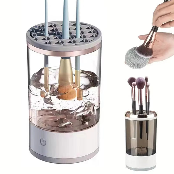 Makeup brush cleaner with brushes and a hand holding a brush.