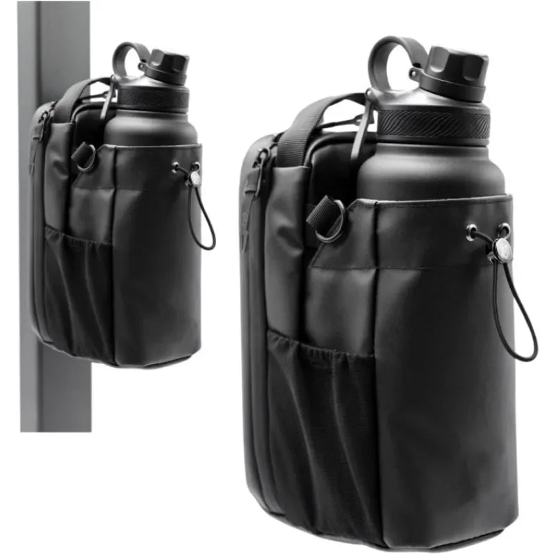 Black water bottle with carrying case on a white background